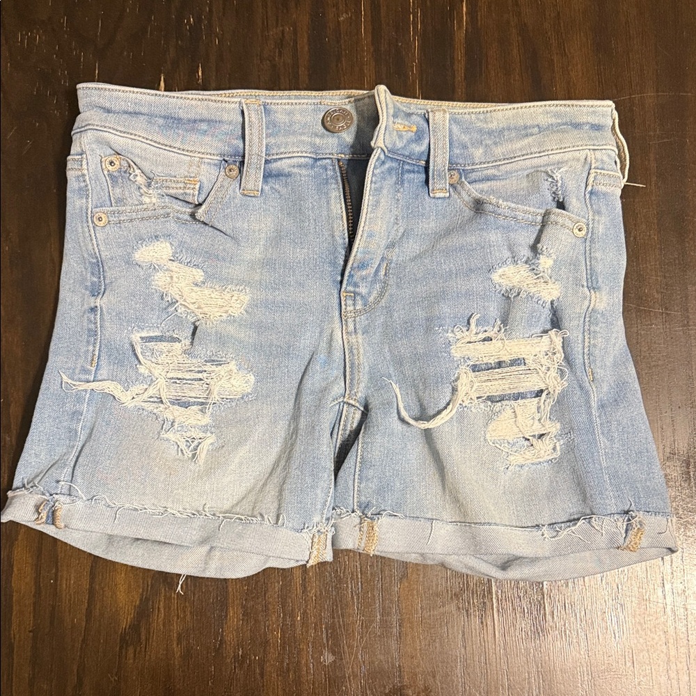 American Age Light Blue Distressed Jean Shorts MIDI